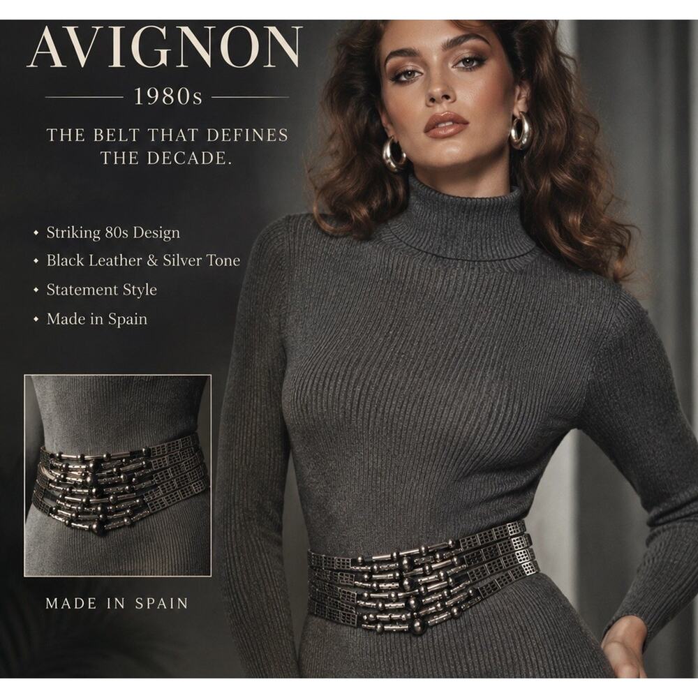 Avignon Vintage Belt 80s Leather silver Metal S/M Black Pristine 26.5-29"